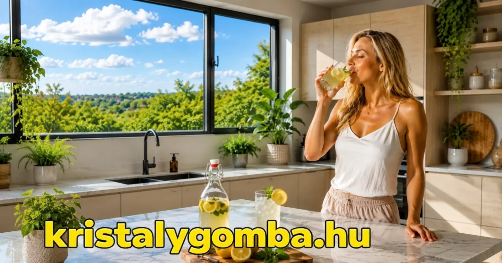 Szőke nő fermentált limonádét iszik modern napfényes konyhában, mellette japán kristálygombás ital citrommal és mentával.