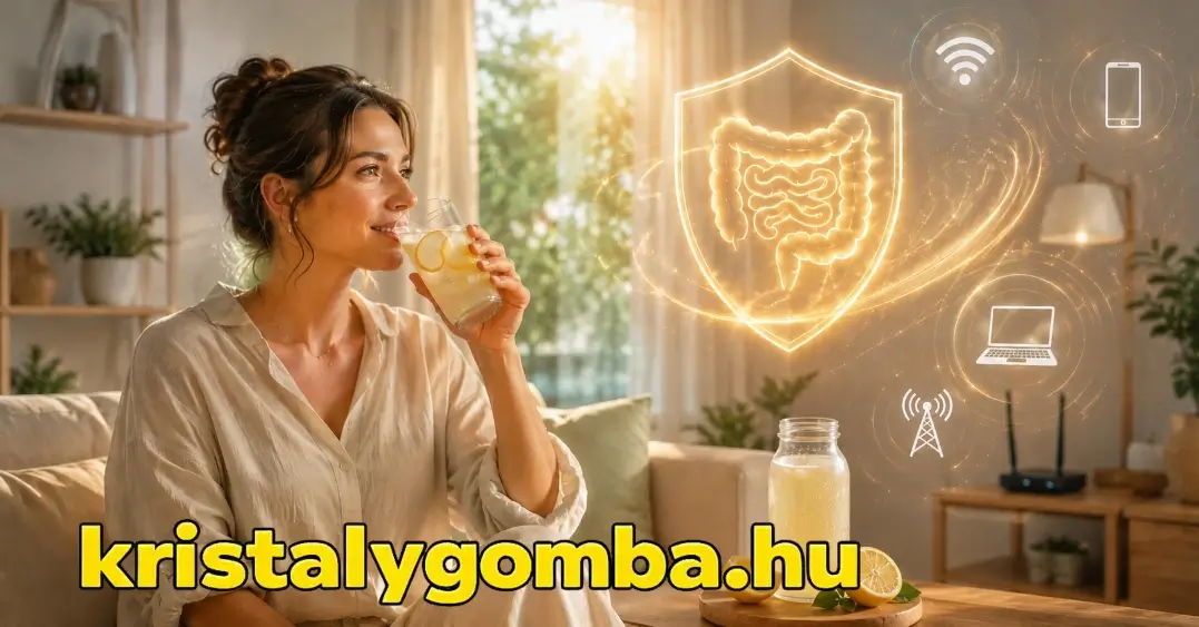 Mosolygó nő fermentált limonádét iszik egy világos nappaliban, miközben egy pajzs a bélflóra védelmét, a wifi és elektromos eszközök ikonjai pedig a környezeti sugárzásokat szimbolizálják.