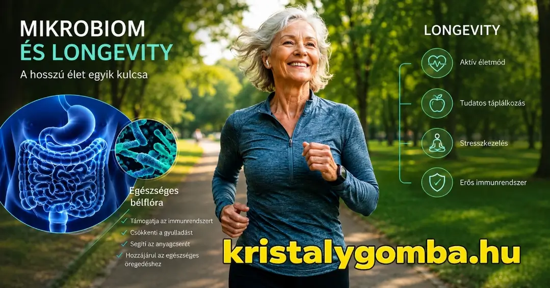 Mosolygó idősebb nő fut egy zöld parkban, az egészséges öregedés, a mikrobiom és a longevity életmód szimbólumaként.