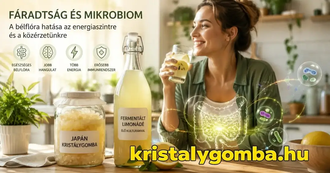 Fáradtság és mikrobiom kapcsolata fermentált limonádéval Mosolygó nő fermentált limonádét fogyaszt japán kristálygomba mellett, mikrobiom és bélrendszer illusztrációval.