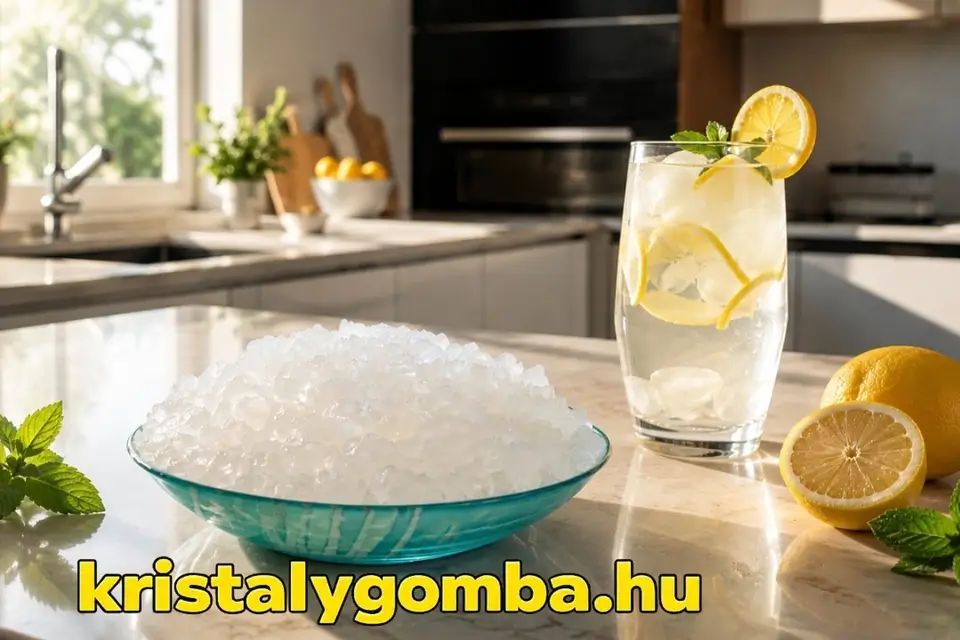 Japán kristálygomba üvegtálban egy modern napfényes konyhában, mellette fermentált limonádé citrommal és mentával.