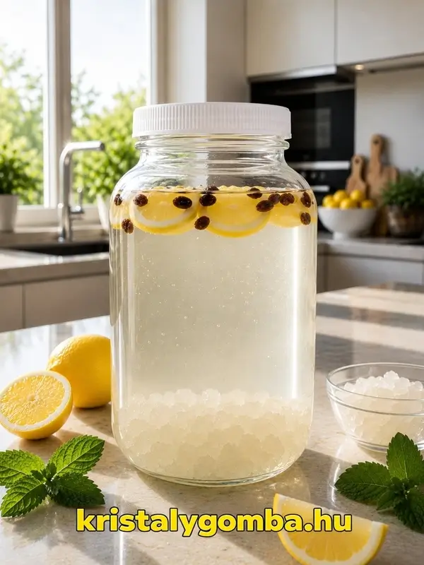 Japán kristálygomba fermentált limonádé citrommal és mazsolával egy üvegben, napfényes modern konyhában.