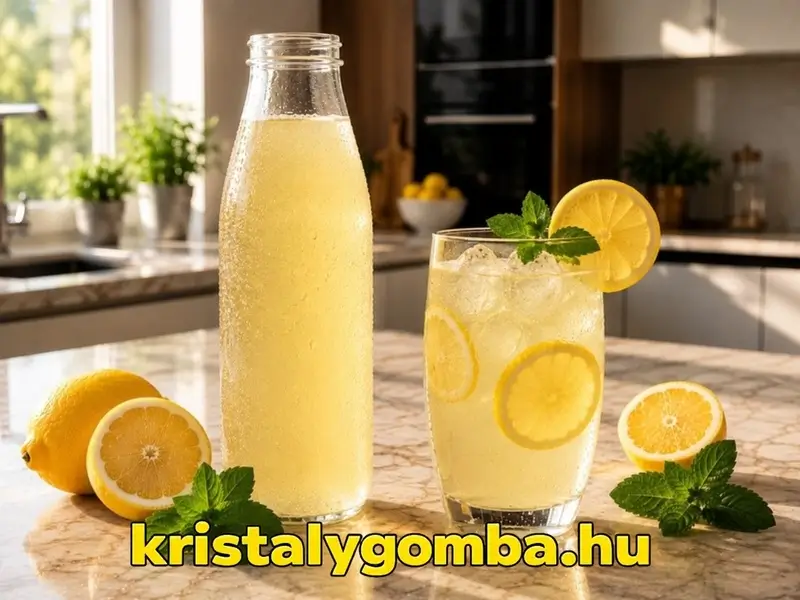 Hideg fermentált limonádé üvegpalackban és pohárban citrommal, mentával és jégkockákkal modern napfényes konyhában.