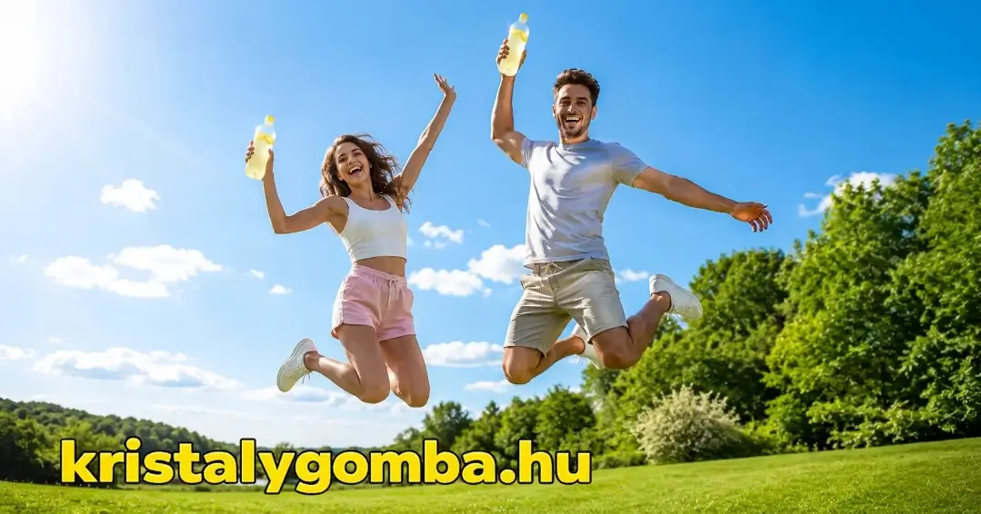 Mosolygó fiatal pár ugrik a levegőbe napsütéses természetes környezetben, kezükben citromos Japán kristálygomba ital