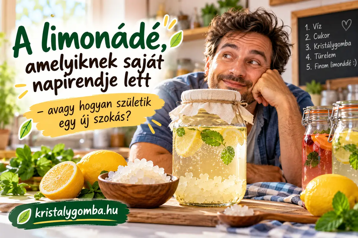 Japán kristálygombával készített fermentált limonádé egy napfényes konyhában, citrommal és mentával