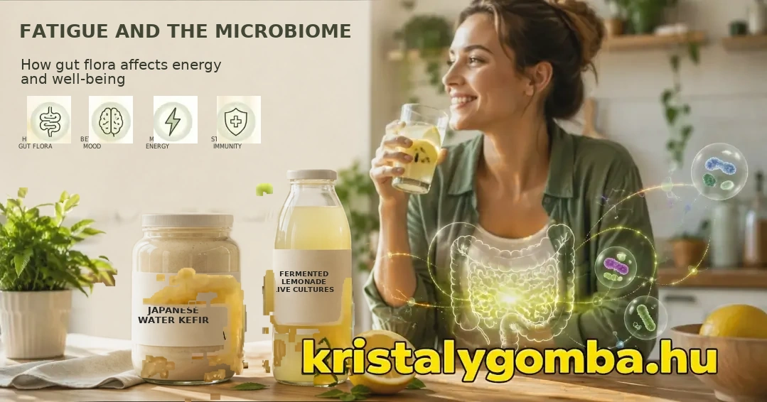 Smiling woman drinking fermented lemonade next to Japanese crystal mushrooms, with microbiome and digestive system illustrations.