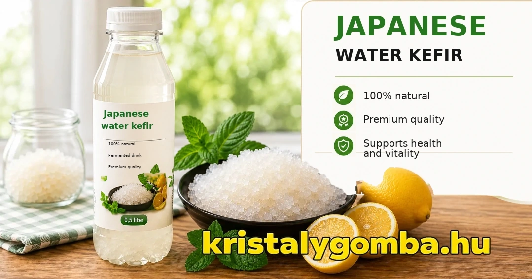 Japanese crystal mushroom drink in a half-liter bottle with lemon and mint, natural fermented beverage for purchase