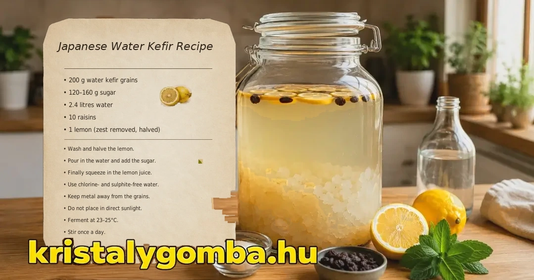 Japanese crystal mushroom drink brewing in a 5-liter jar with lemon, raisins, and mint leaves next to a recipe card