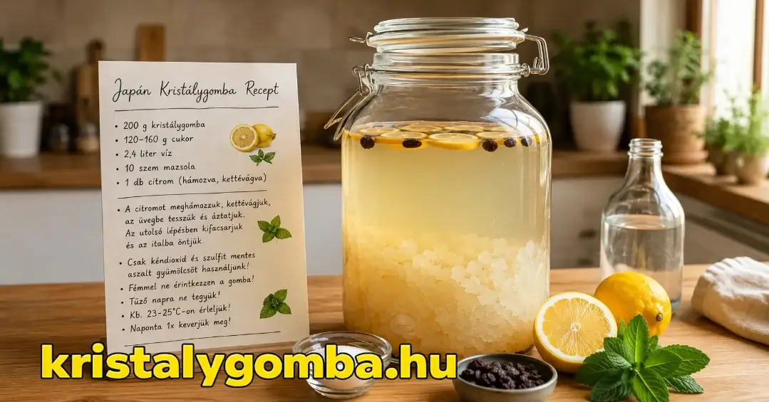 5 literes befőttesüvegben készülő Japán kristálygomba ital citrommal, mazsolával és mentalevelekkel egy receptkártya mellett